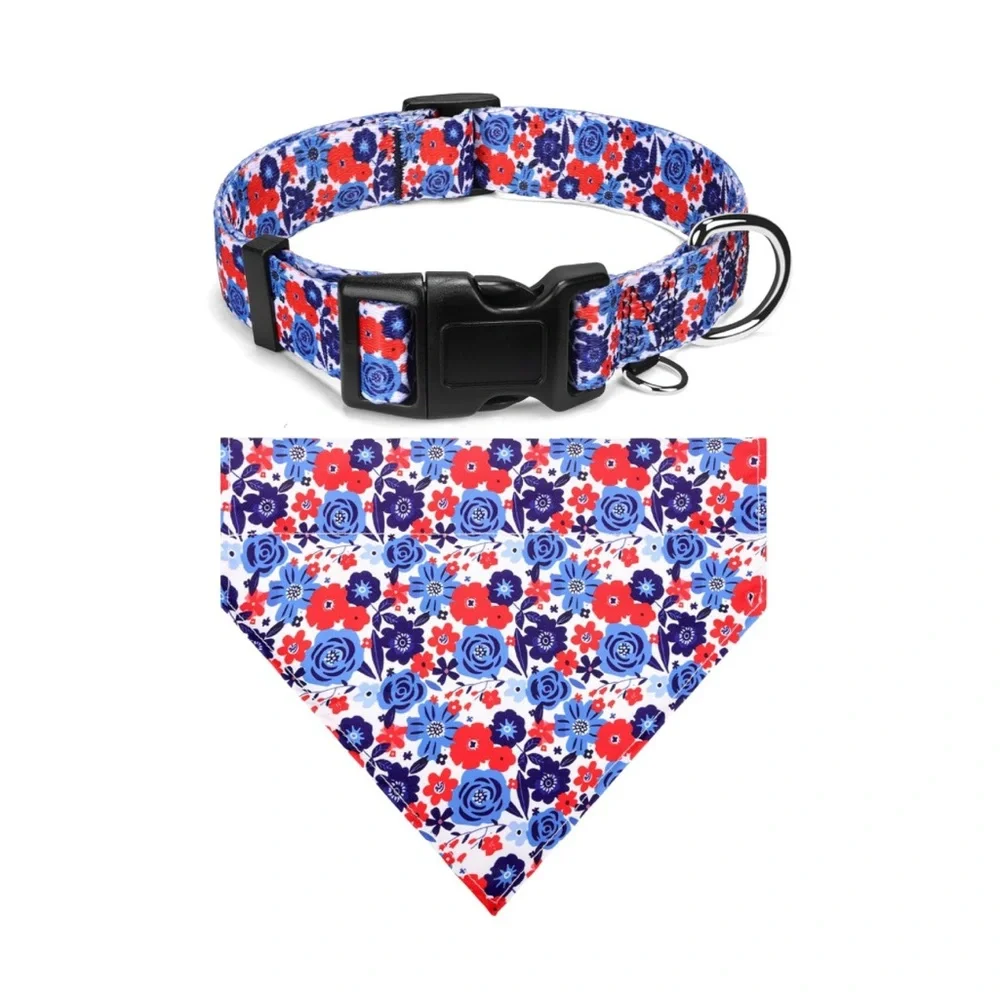New 2pc Dog Fancy Floral Collar and Bandanas Set Soft Adjustable for Small Dogs.